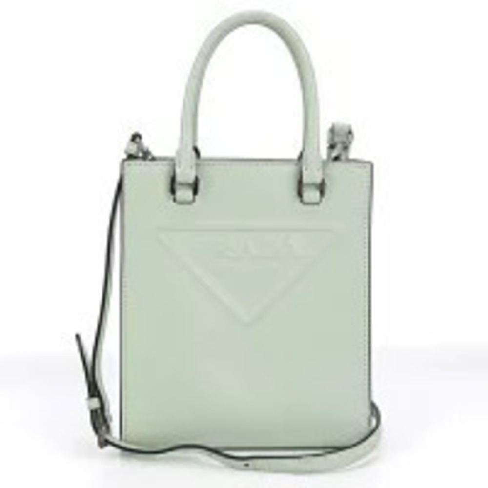 Prada Soft Calfskin Triangle Logo Tote soft green leather top handles